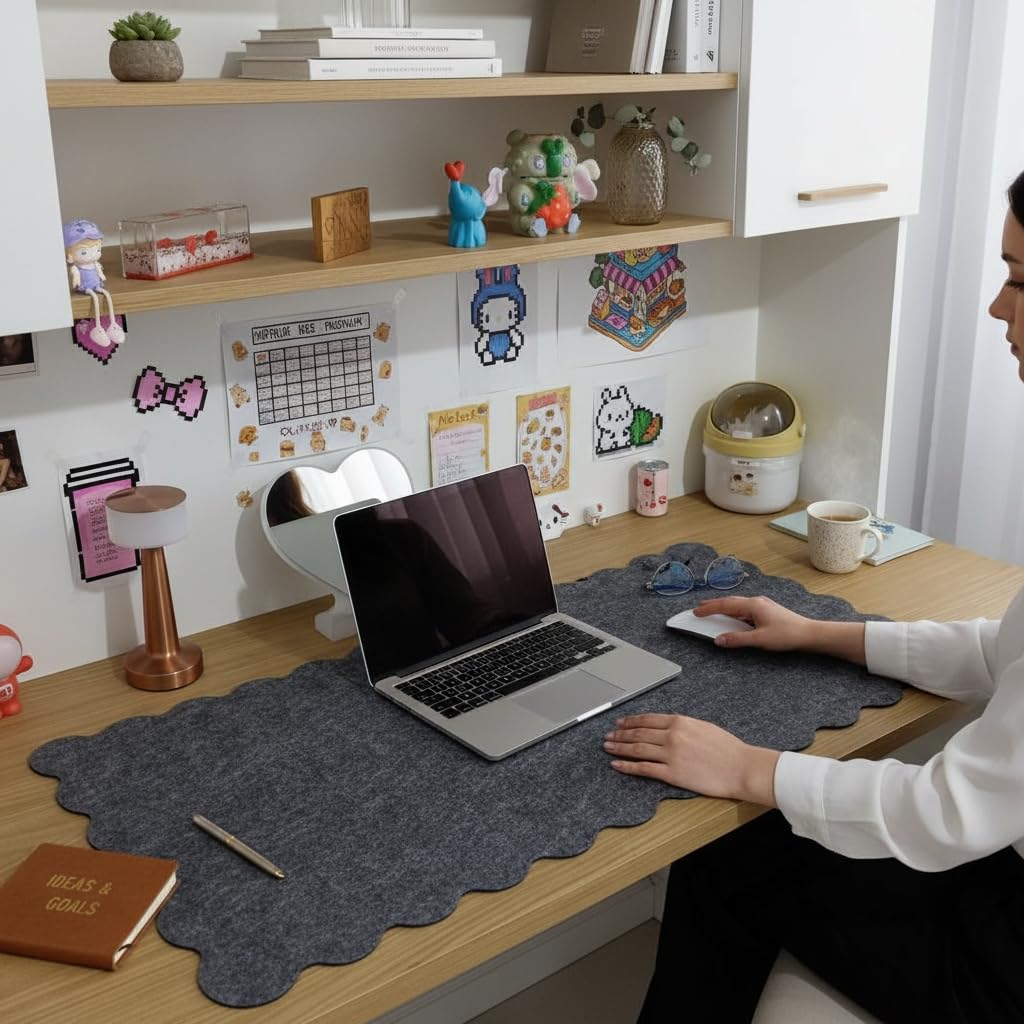 Keçe Bilgisayar Mouse Pedi Kıvrımlı 98x45 cm Antrasit Renk Çalışma Masası Düzenleyici 3 mm Kalınlık Masa Üstü Düzenleyici Mat