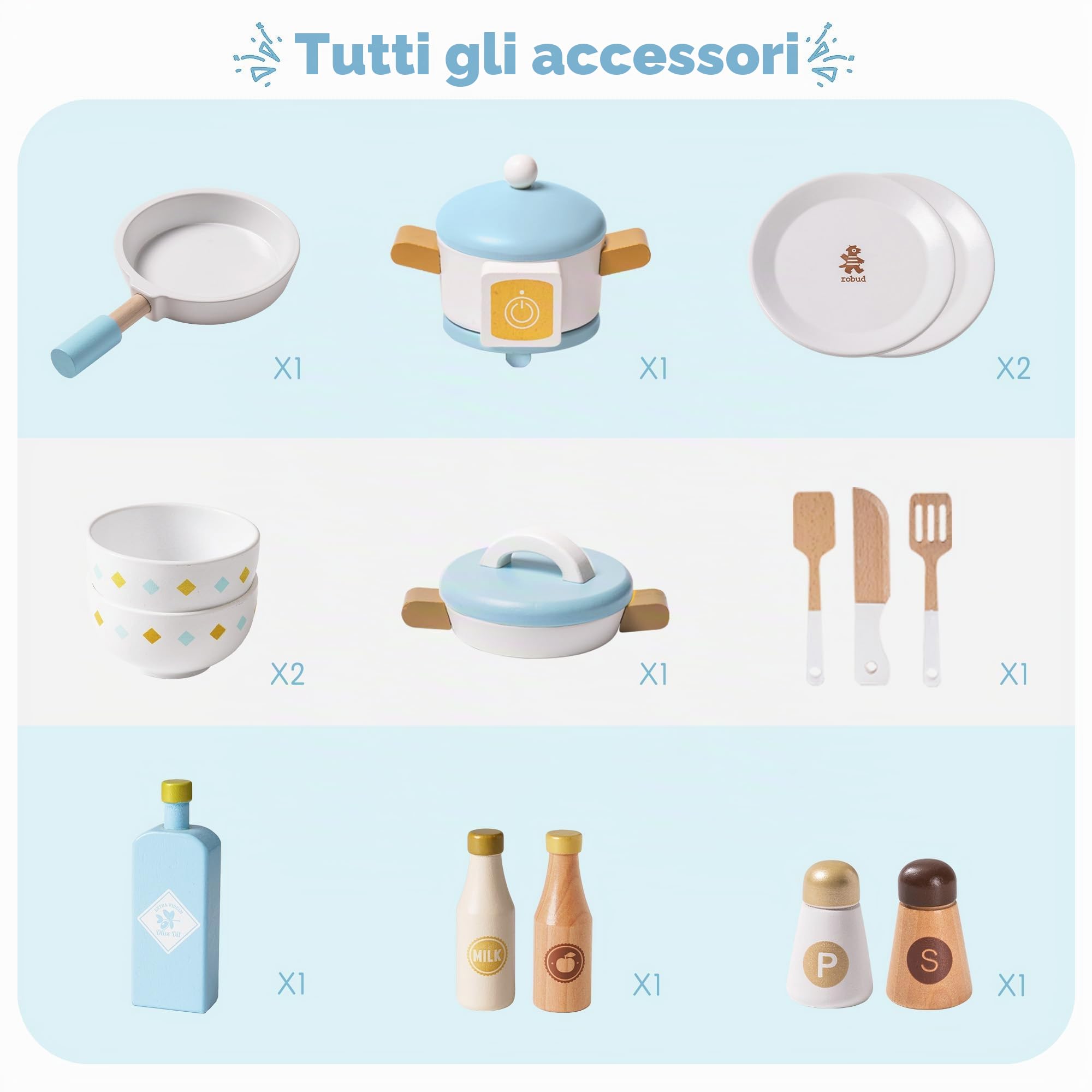 ROBUD Cucine da gioco in legno per bambini e bambini piccoli, accessori da cucina per bambole con forno a microonde, lavatrice, cuoci riso, stoviglie; regali dai 3 anni in su