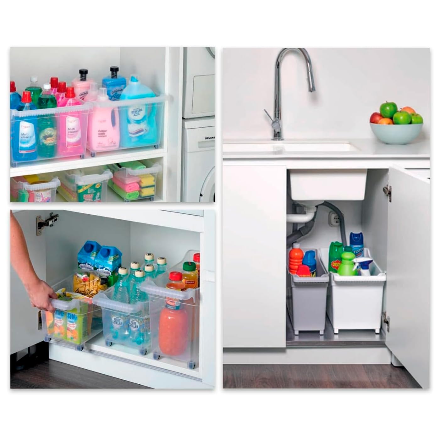 Pack de 4 Carritos de plástico con Ruedas y Asa - Cesta Organizadora para Limpieza, Baño, Cocina - Marrón Topo