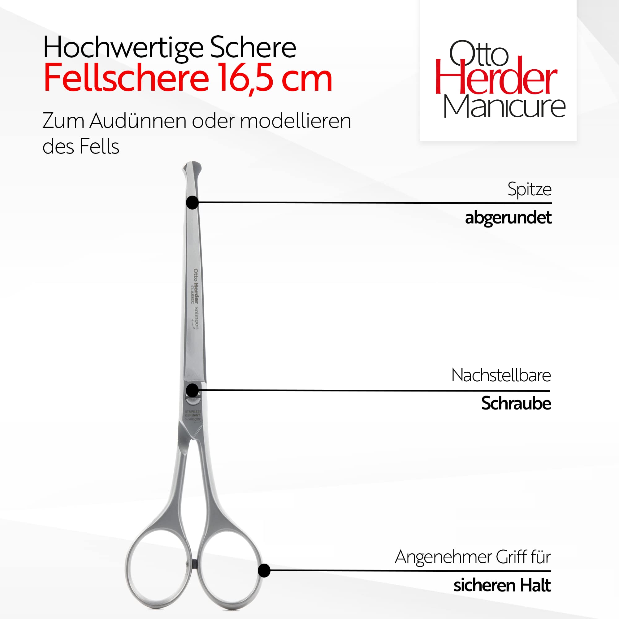 Otto Herder Manicure Fellschere Hunde 16,5cm, Fellschere abgerundet, Solingen rostfrei Edelstahl, Schere zum Fell schneiden, mit einseitiger Mikrozahnung