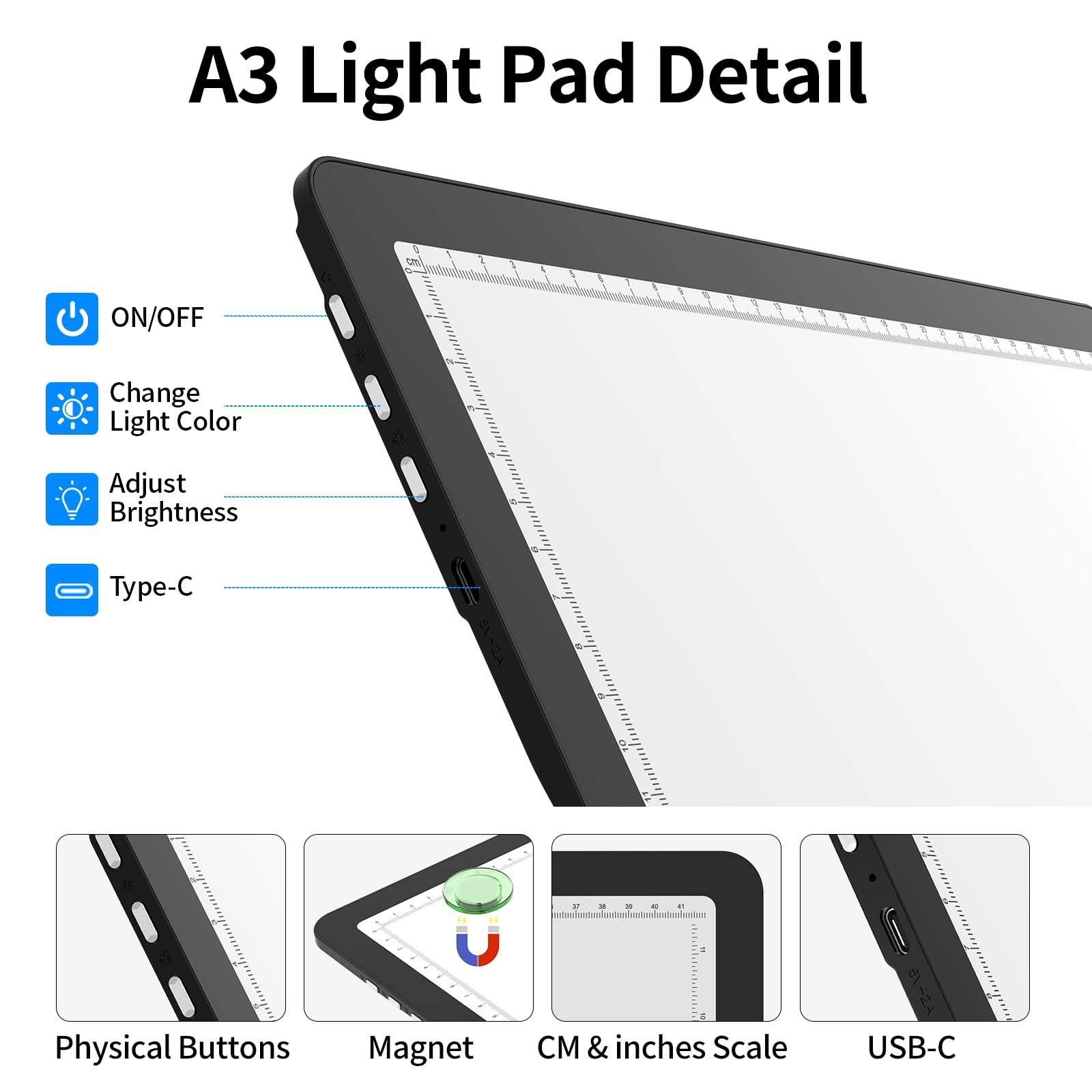 TOHETO A3 Leuchttisch mit Ständer & Tasche für Diamantmalerei, Wiederaufladbares Ultraheller Leuchtkasten zum Zeichnen, Aufladbar Licht Pad zum Nachzeichnen, Kabelloses Lichttafel zum Skizzieren Black