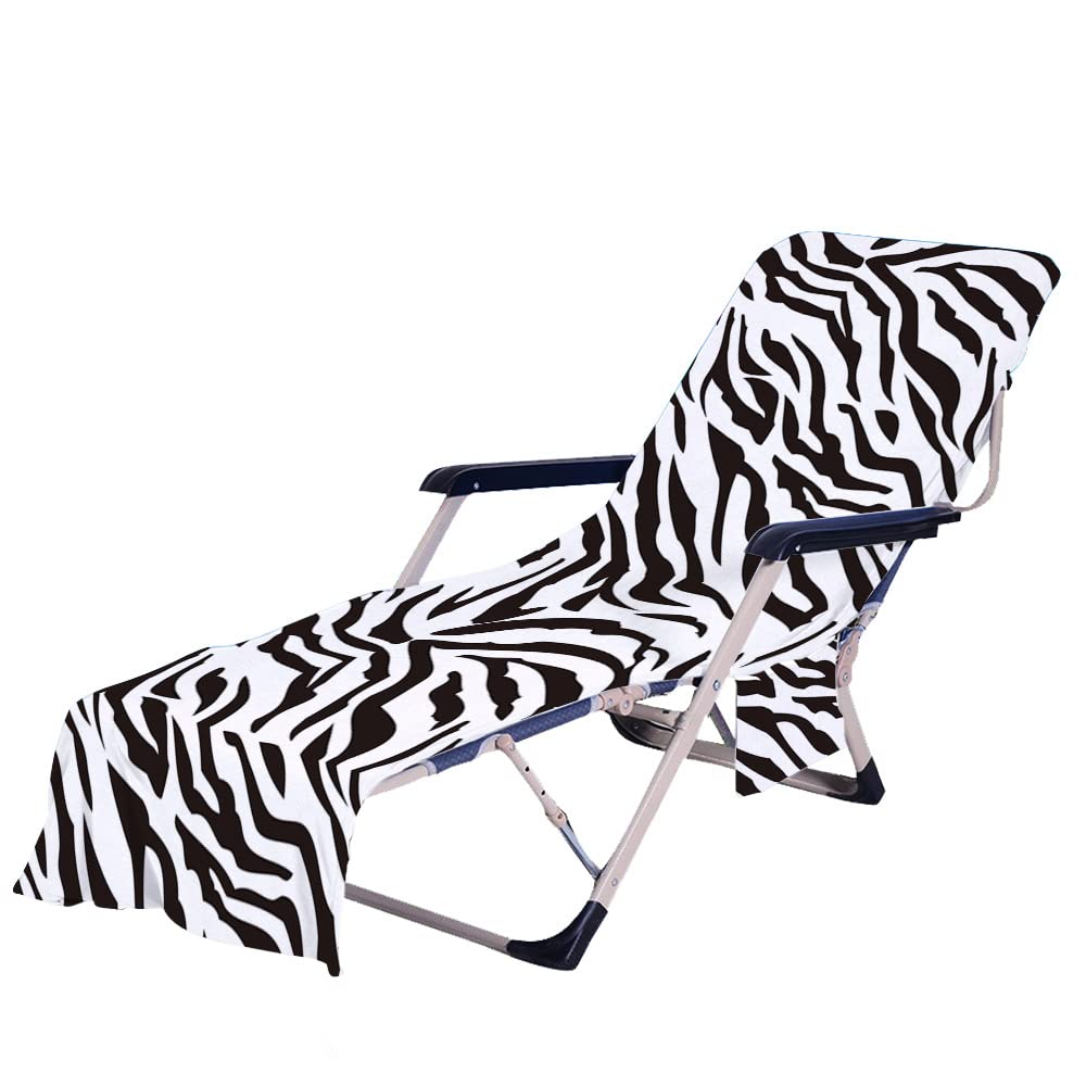 RRrawgff Beach Chair Cover Towel, Personalized Animal Texture Beach Towel Lounger Bags with Pockets, Sunbed Towels Fitted Microfiber Sun Lounger Towels for Summer Outdoor (73x210cm,Zebra)