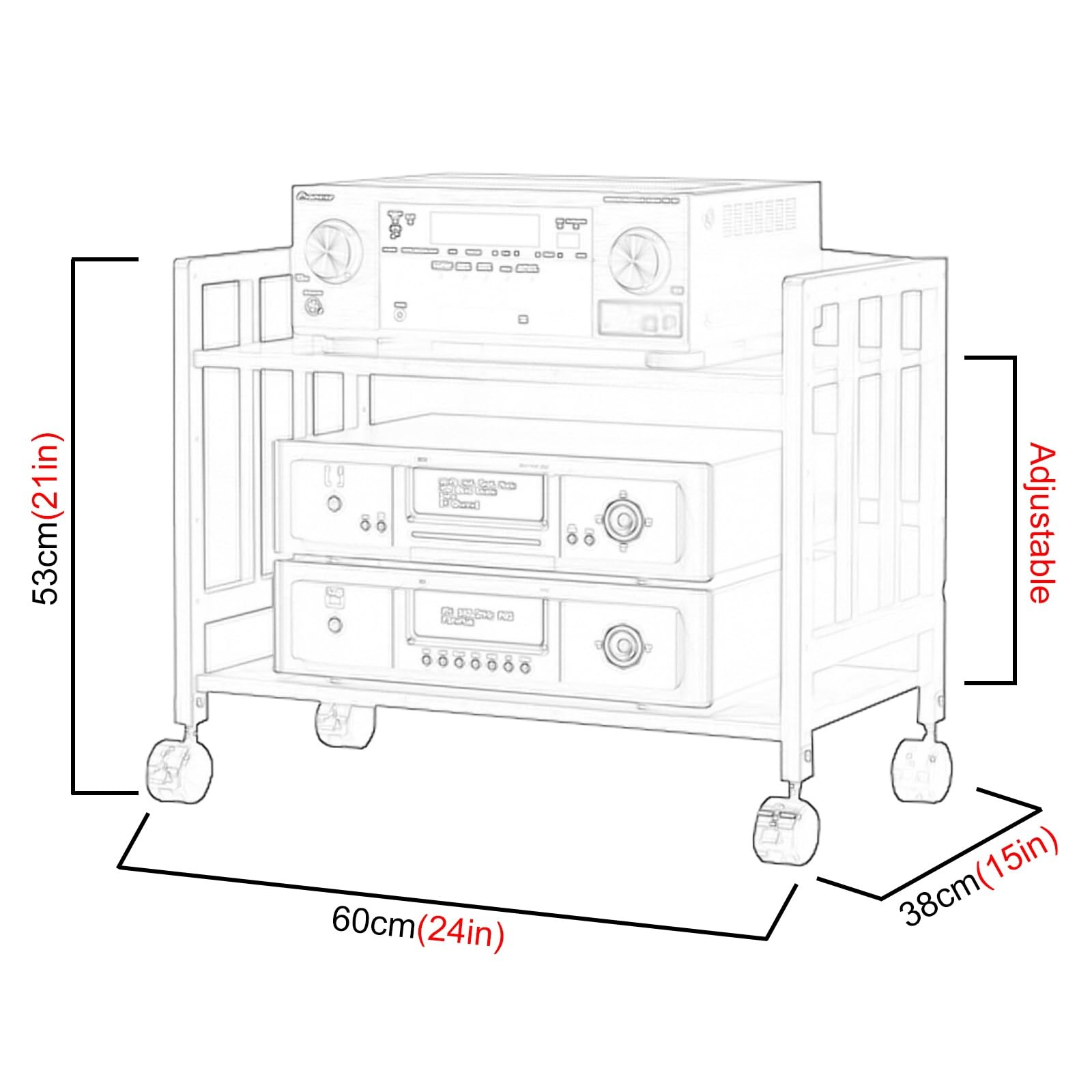 Supporto HiFi regolabile – Rack audio video in legno per soggiorno 2 – 5 ripiani per Xbox PS5 Switch & console di gioco mobile componenti stereo rotolamento 53,3-172,7 cm di altezza