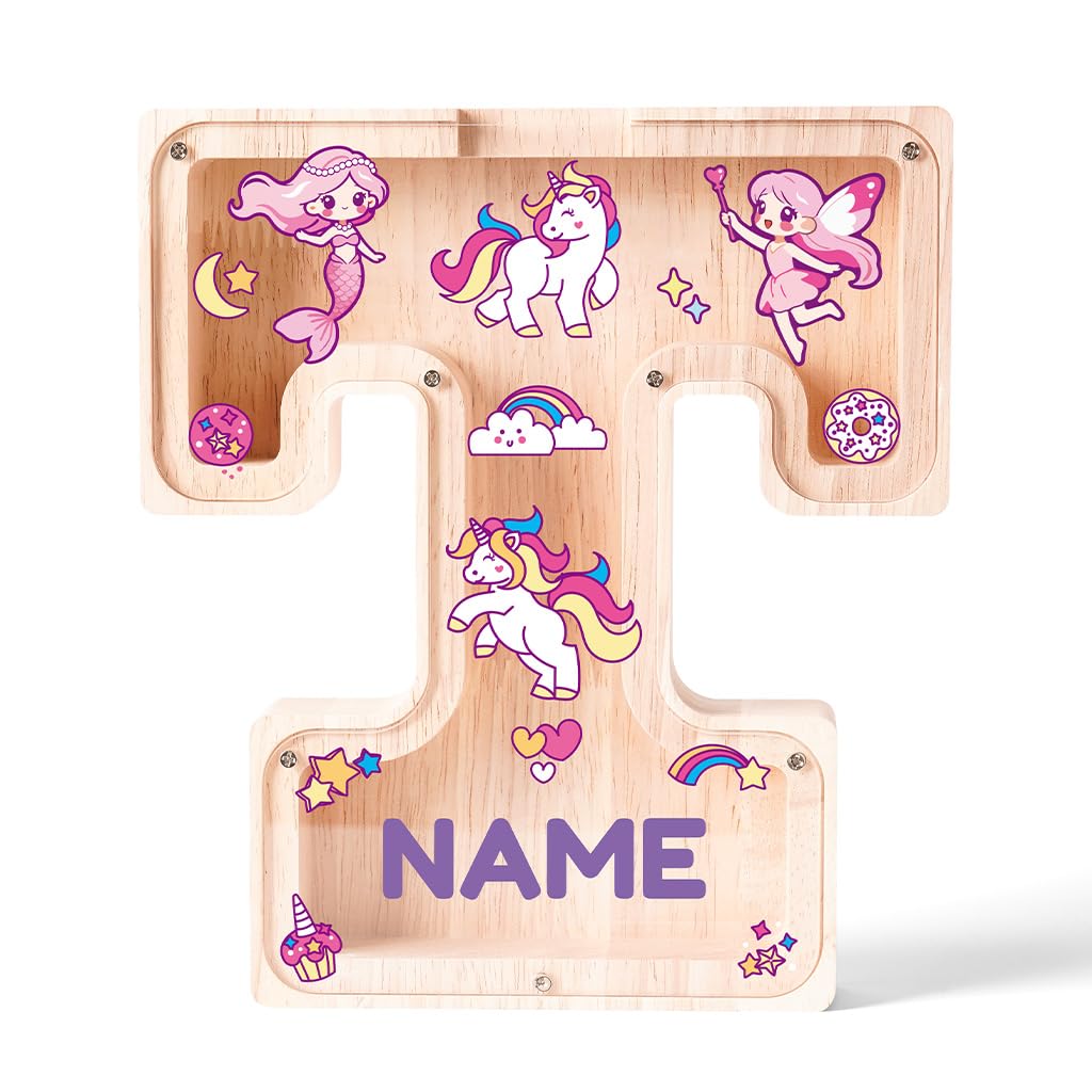 Personalized Wooden Letter Piggy Bank for Kids | Custom Name Alphabet Coin Bank A–Z | Money Saving Box for Boys and Girls | Birthday Gift for Children (T)