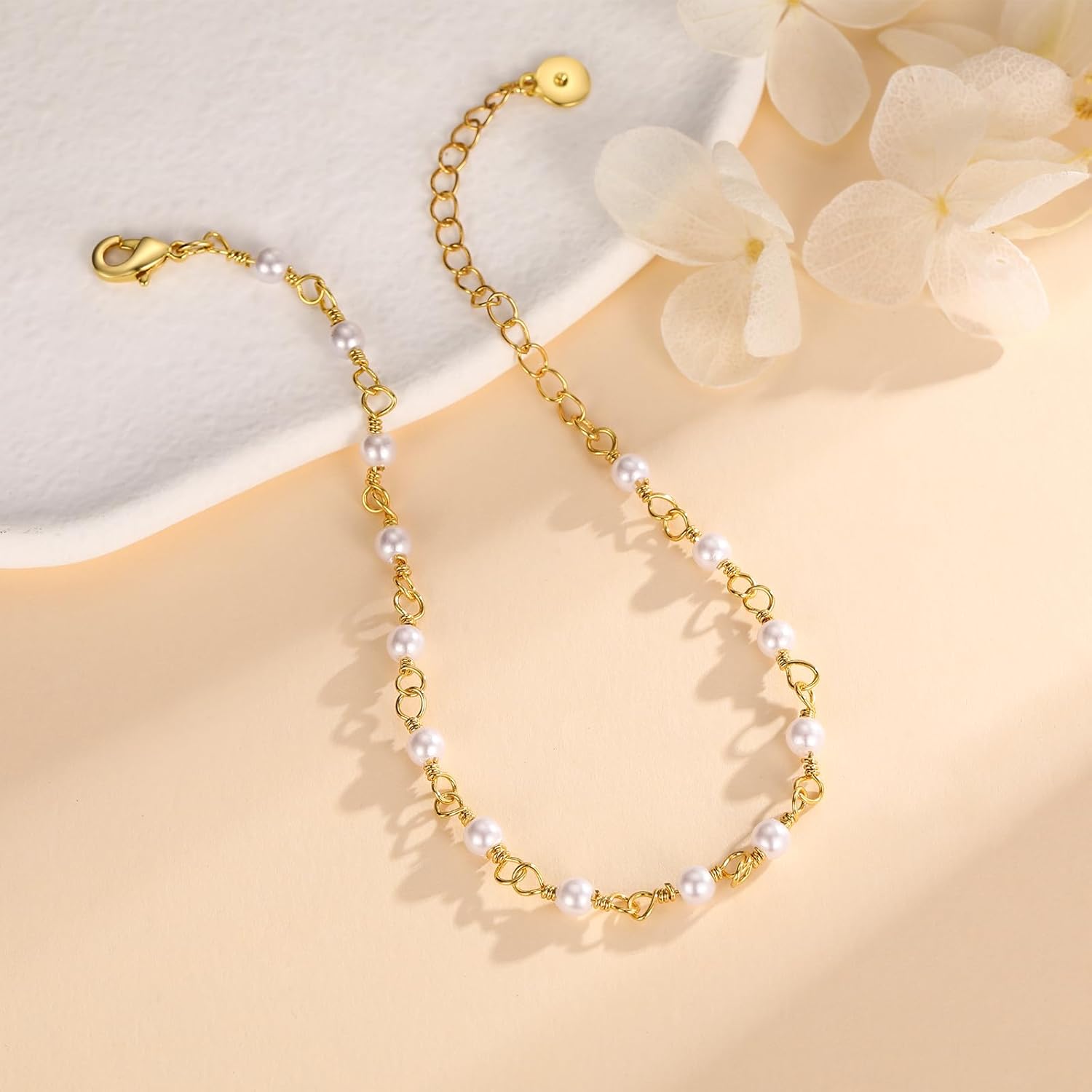 Gold Pearl Bracelet for Women, 18K Gold Plated Dainty Pearls Beaded Chain Bracelet Valentines Gift for Women - Image 5