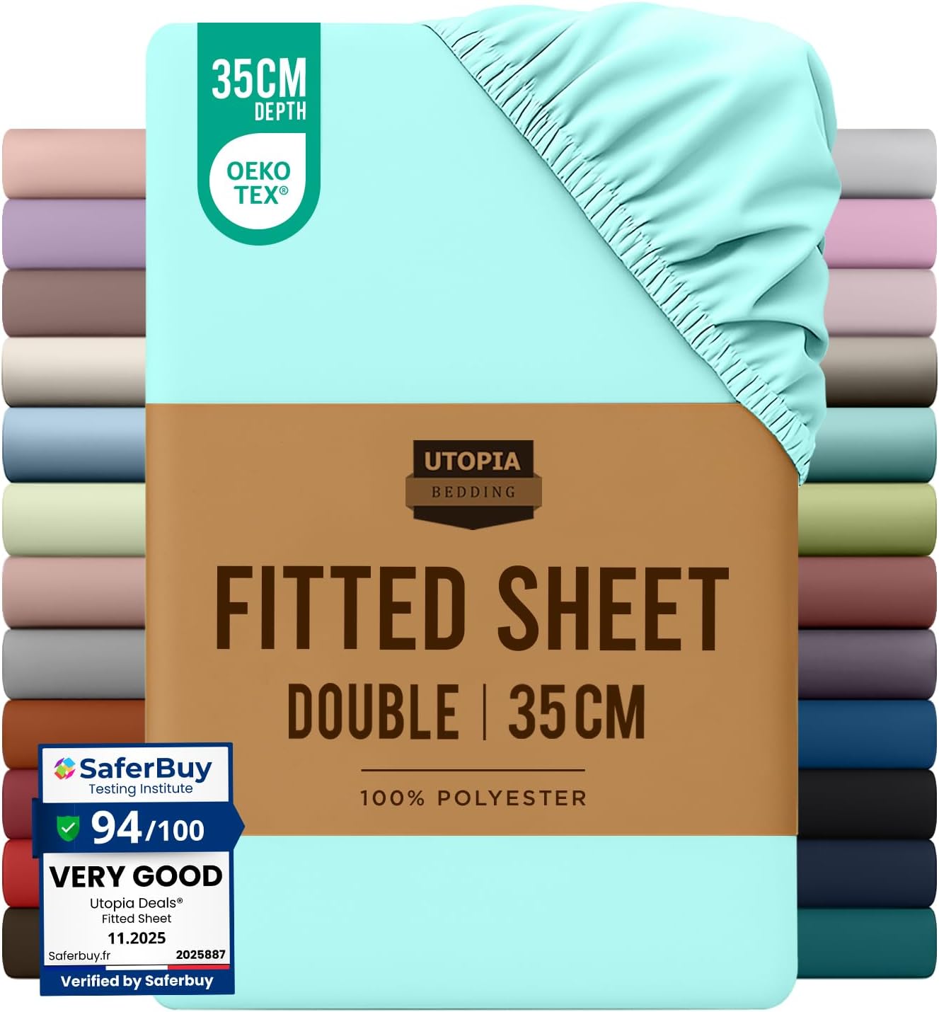 Fitted Sheet Double, Spa Blue - Deep Pocket 14 inch (35 cm) - Easy Care - OEKO-TEX Certified - Soft Brushed Microfibre Fabric - Shrinkage and Fade Resistant - Bottom Sheet