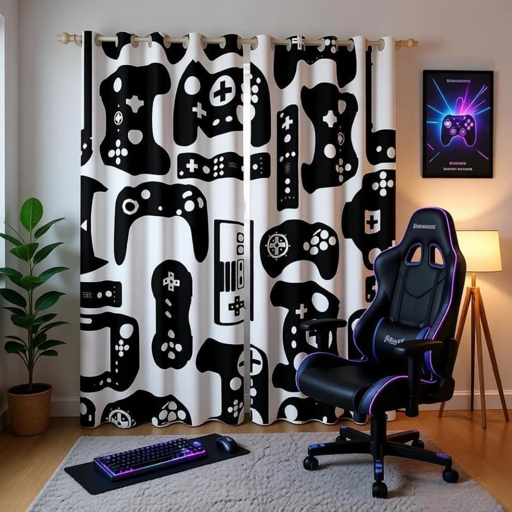 Loussiesd Boys Multicolored 13222 Kids Gamepad Drapes Gamer Curtains Black White Video Game Window Curtain Panels For Teens Room Decor Lightweight Modern Game Controller Window Treatments W46*L54