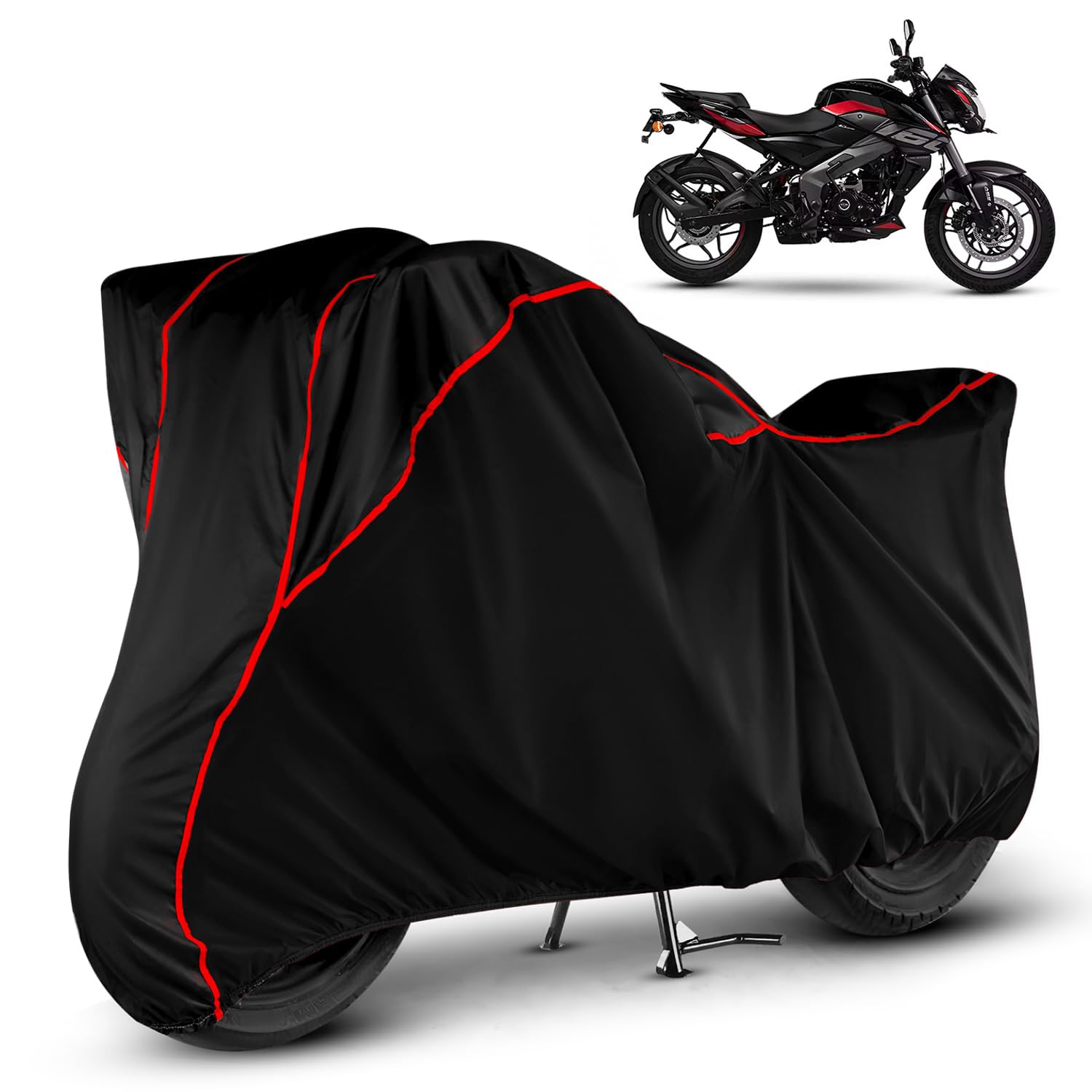 Waterproof Bike Cover for All Bajaj Pulsar Model Upto 400CC | All Weather Protection from Rain, Dust, Sun & Scratches | Black Red Piping | Universal Fit for All Bike & Scooty |-picture-23