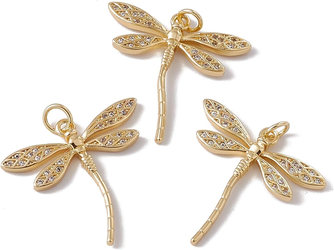 KitBeads 10pcs Cubic Zirconia Dragonfly Charms 18K Gold Plated Insect Micropave CZ Animal for Jewelry Making Necklace Crafts Bulk