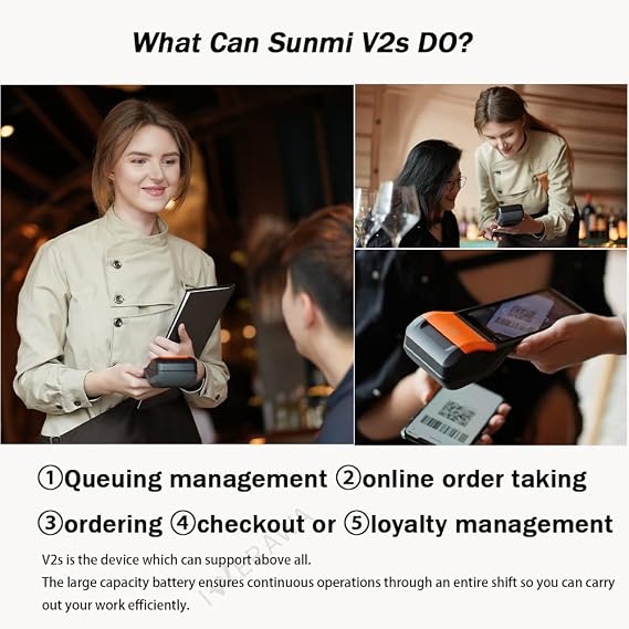 POS Printer SUNMI V2s Smart Mobile Terminal 58mm Thermal Receipt Printer, Supports Label Ticket Printing, NFC, Perfect to Manage queues, Online, Mobile & Takeaway Orders (NFC 2+16G)