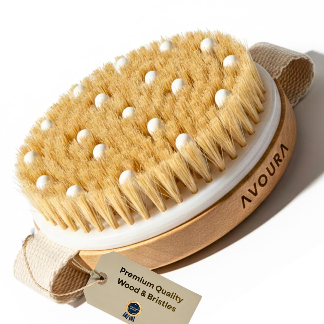 Premium Wooden Dry Brushing Body Brush |100+ Massage Touchpoints Exfoliating Dry Brush for Body | Natural Bristles Bath & Body Scrub Brush | For Smooth Skin, Cellulite Care & Lymphatic Drainage