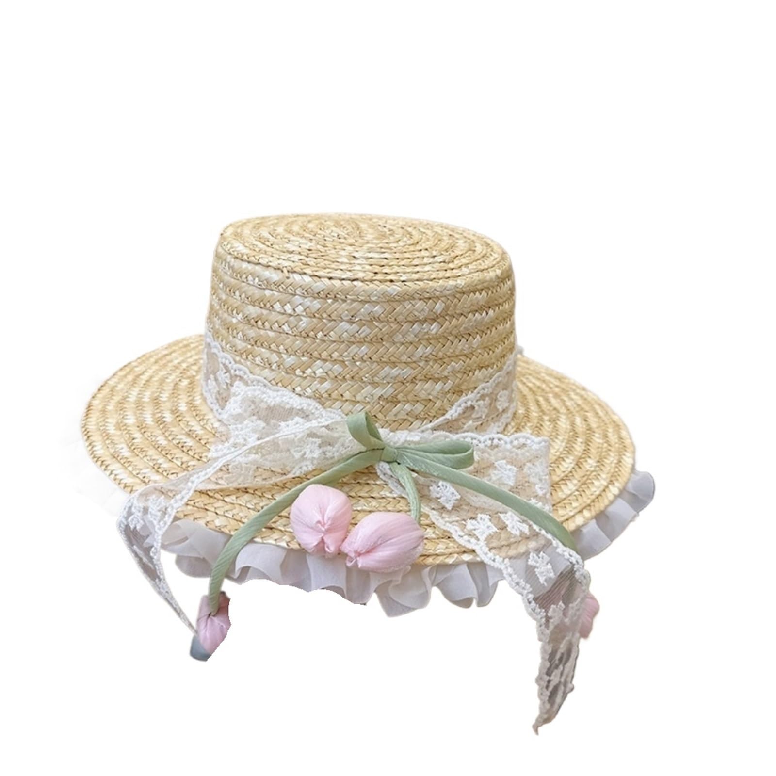 Sombrero de paja con flor lazo, ala ancha for excursiones al aire libre en la playa primavera y verano