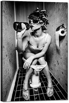 Yatsen Bridge Modern Black and White Sexy Woman Canvas Wall Art Girl Smoking Sitting in A Toilet with An Alcohol Bottle Painting Posters Ready to Hang for Bathroom Bedroom Decor - 12W x 16H