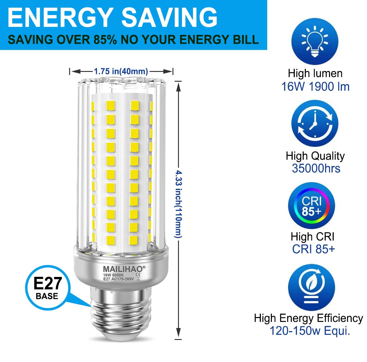 MAILIHAO E27 Lampadine LED 16W 5000K Bianco Freddo 1900LM, Equivalenti a 120W 150W Lampada Alogena, Angolo 360, Edison, Non Dimmerabile, Nessun Sfarfallio, 5 Pezzi