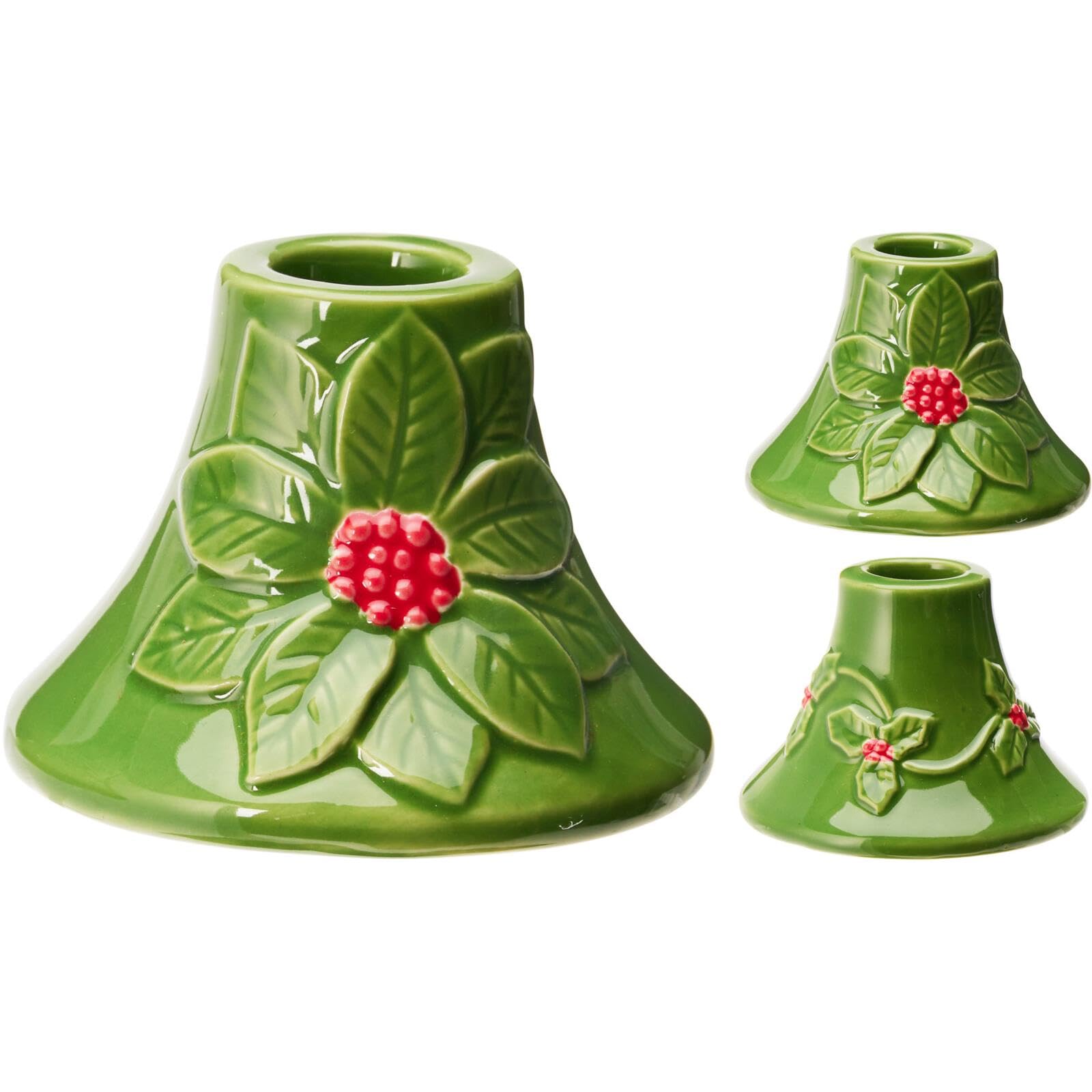 Carousel Home Green Set Of 2 Ceramic Christmas Candlesticks | Holly And Berry Candle Holders For Taper Candles | Festive Table Decorations - 8Cm