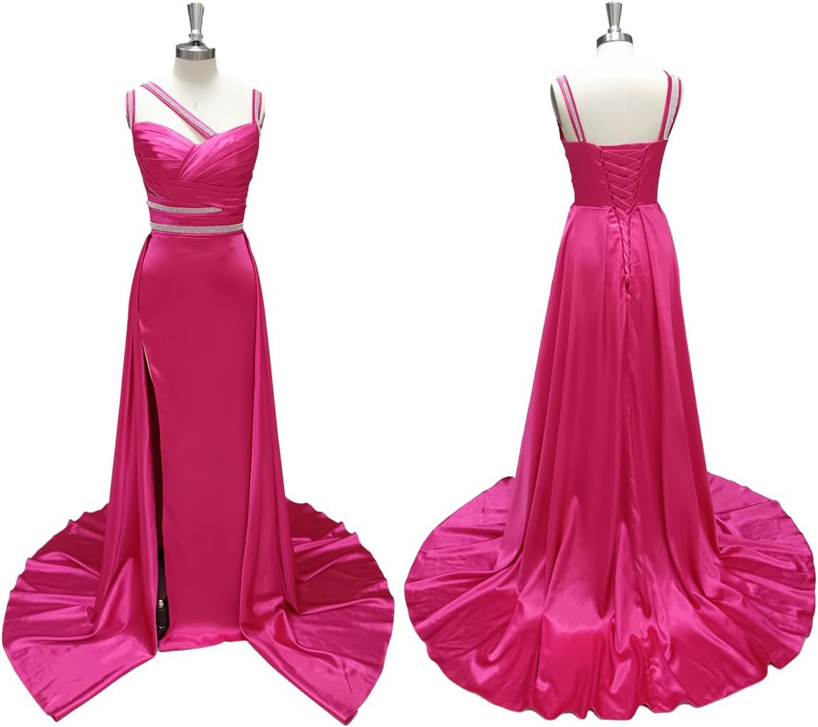 Spaghetti Strap Prom Dress Long Sexy Beaded Formal Dresses Ruched Split Cocktail Dress