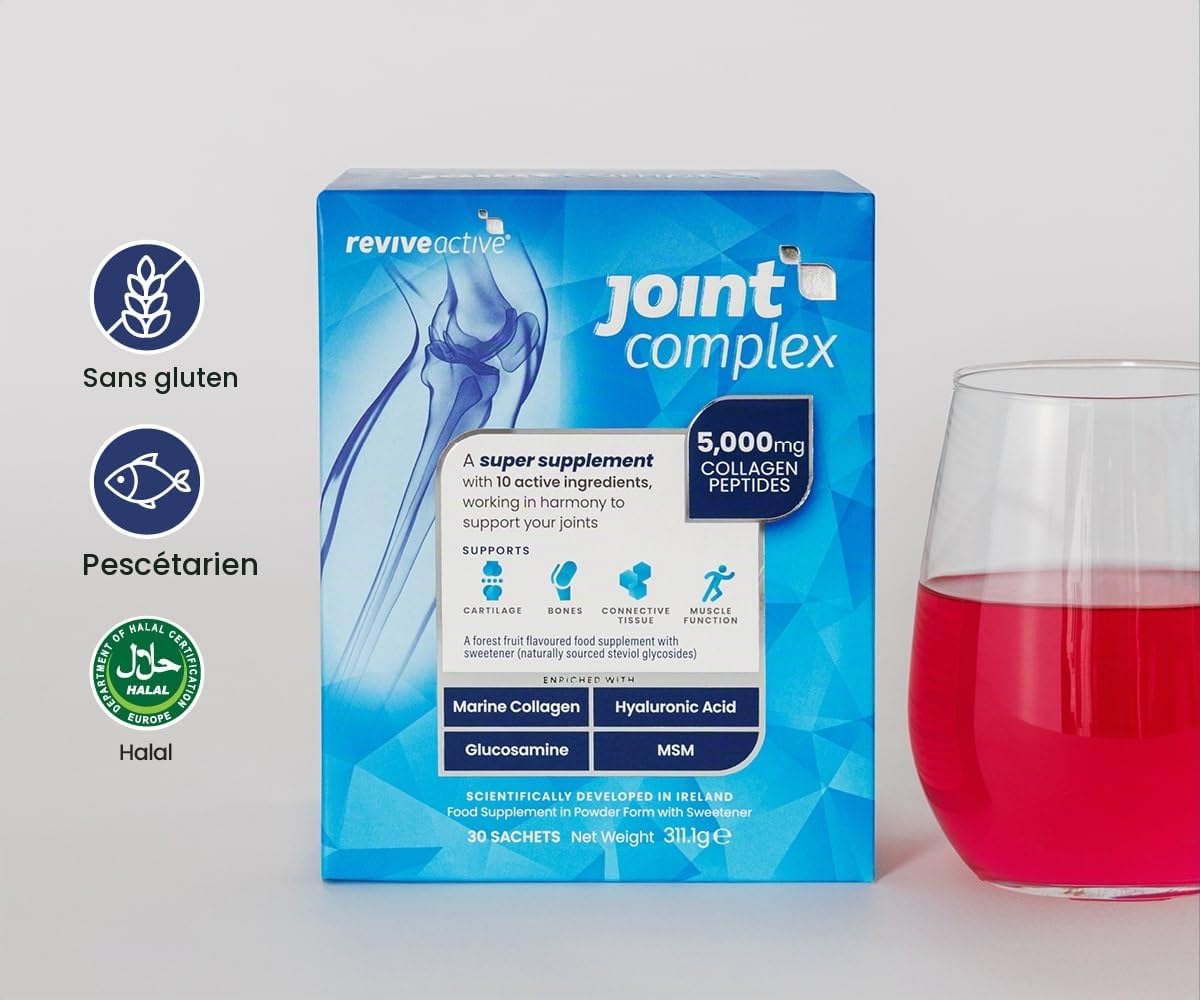 Joint Complex par Revive Active - 1 sachet/jour - Soutient articulations, cartilage, os et muscles - Avec collagène marin, acide hyaluronique, glucosamine - Cure de 30 jours