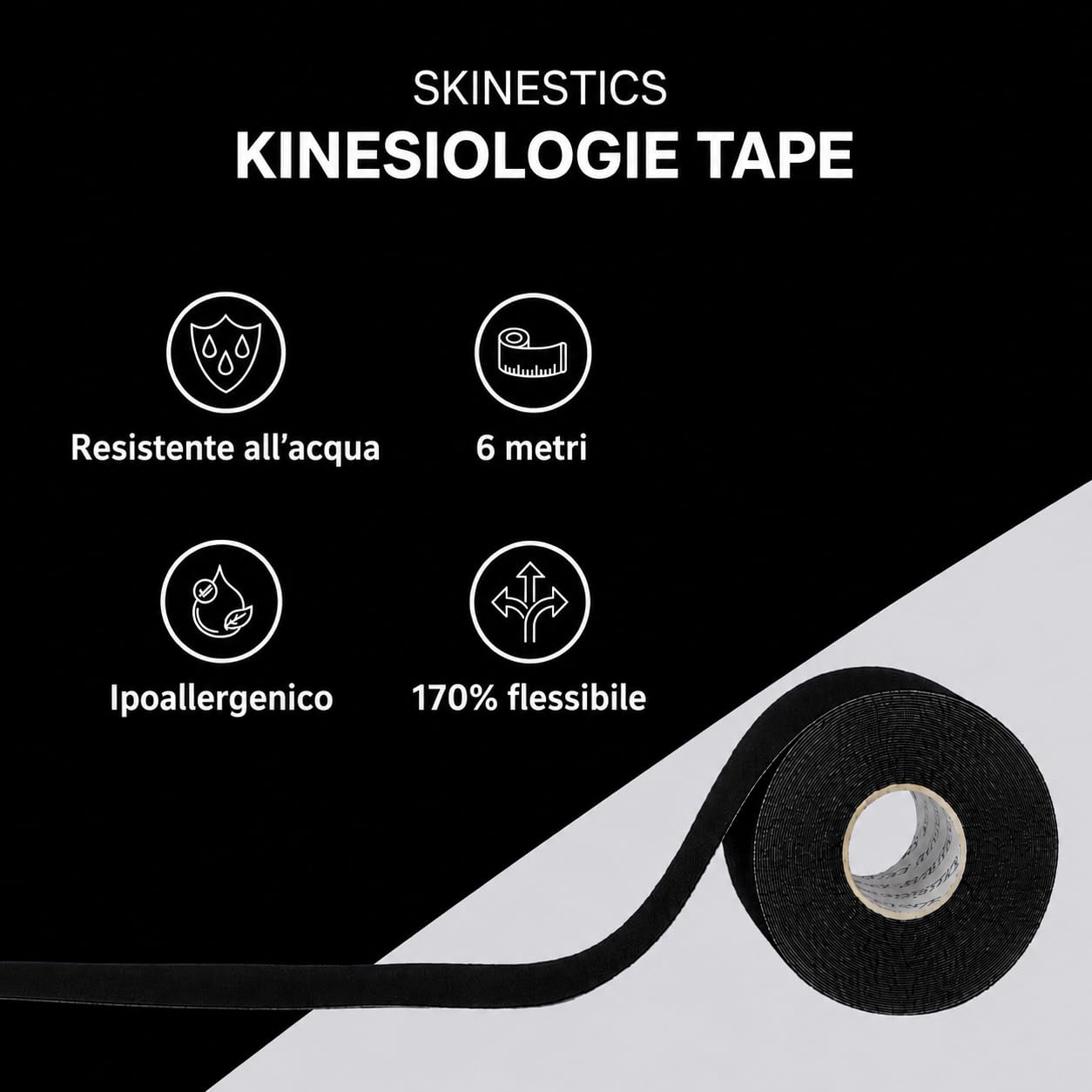 Skinestics Nastro Kinesiologico 4-Way Nero | 3 Rotoli | 5cm x 600cm | Taping Sportivo Ginocchio | Tape Impermeabile | Cerotto Taping Fisioterapia | Kinesio Taping Neuromuscolare | Cerotti Colorati