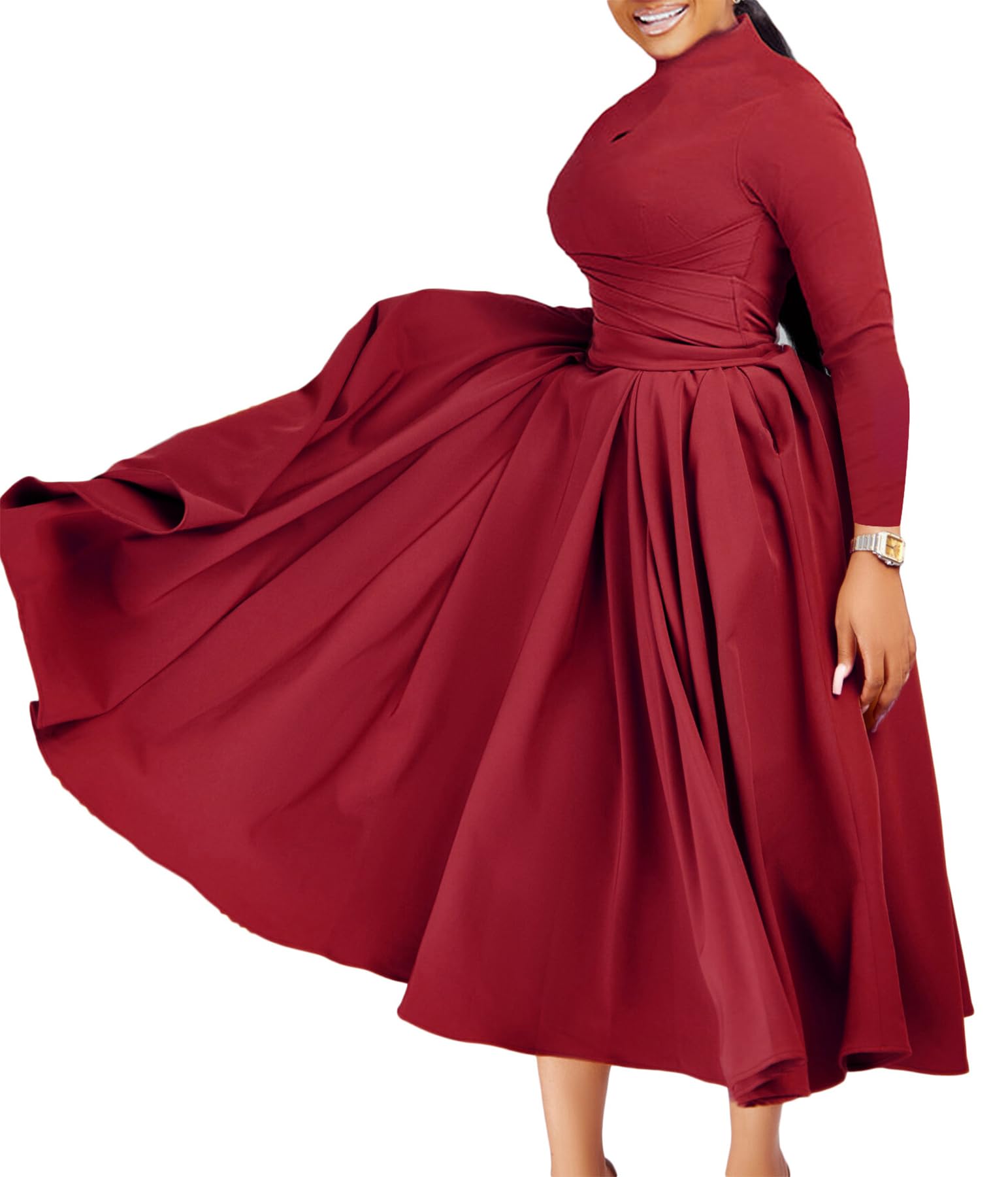 Symina Women's Long Sleeve Maxi Dress Church Cocktail African Formal Fall Dresses Plus Size Wedding Guest Dress