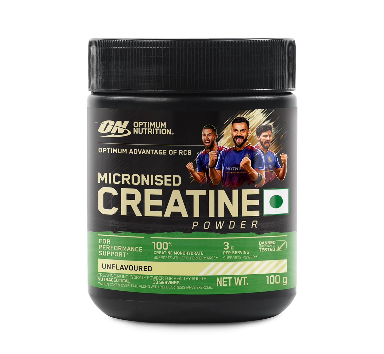 RCB Limited Edition Optimum Nutrition (ON) Micronized Creatine Powder – 100 g, 33 Serves, 3g of 100% Creatine Monohydrate per serve, Supports Athletic Performance & Power, Unflavored.