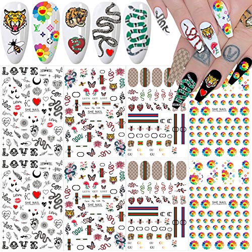 Nail Art Stickers Decals 3D Nail Art Supplies Sunflower Snake Heart Tiger Butterfly Nail Decals for Nail Art Design Self Adhesive Luxury Designer Nail Stickers for Nails Art Decoration (8 Sheets)