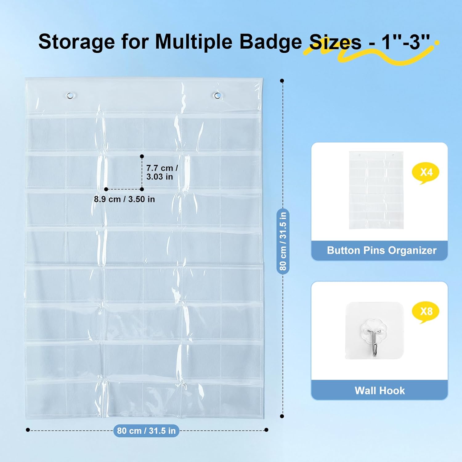 2 Pack Acrylic Display Stand Rack & 4 Pack Hanging Badge Organizer for Button Badge, Pops, Cards, Jewelry, Cosmetics, Perfume, Small Items