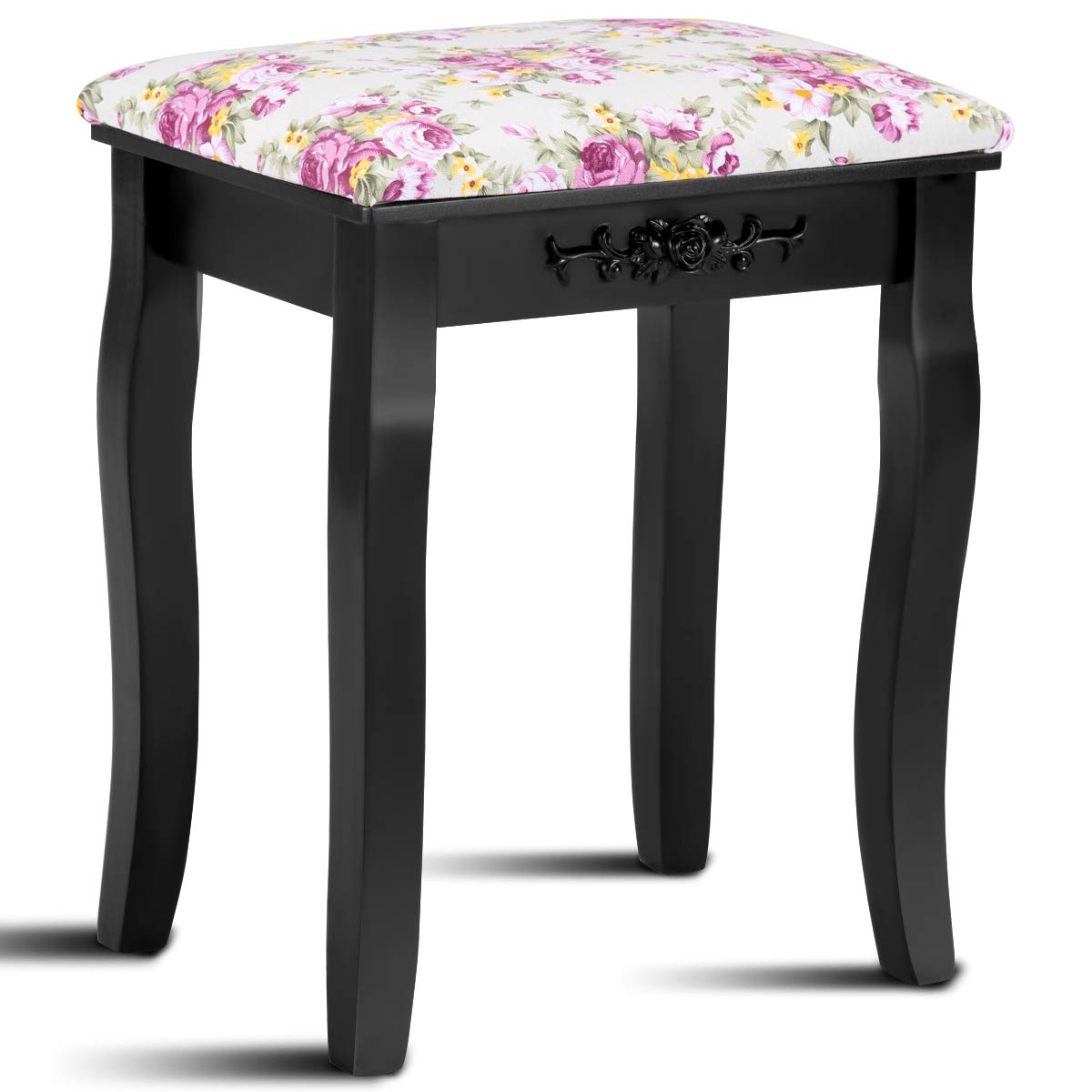 GOFLAME Vanity Stool, Rose Pattern Makeup Dressing Stool with Solid Wood Legs, Vanity Bench with Padded Cushioned Chair, Piano Stool with Large Capacity, Suitable for Bedroom Dressing Room (Black)