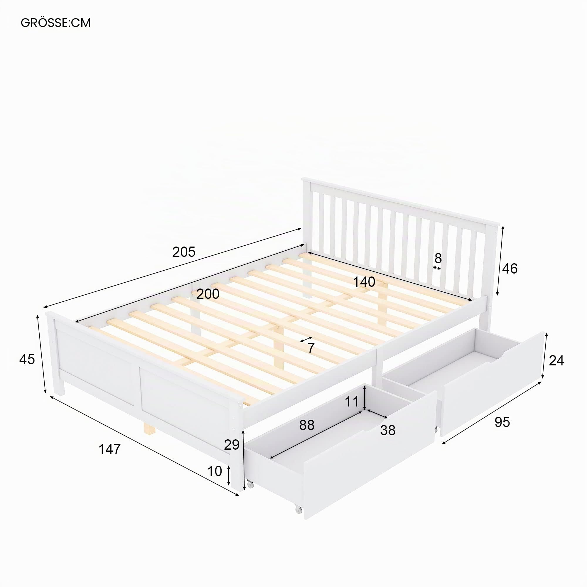 Kinderbett Doppelbett 140x200 cm, Holzbett mit 2 Schubladen, Massivholz Bettgestell mit Lattenrost, Jugendbett, Weiß, Ohne Matratze