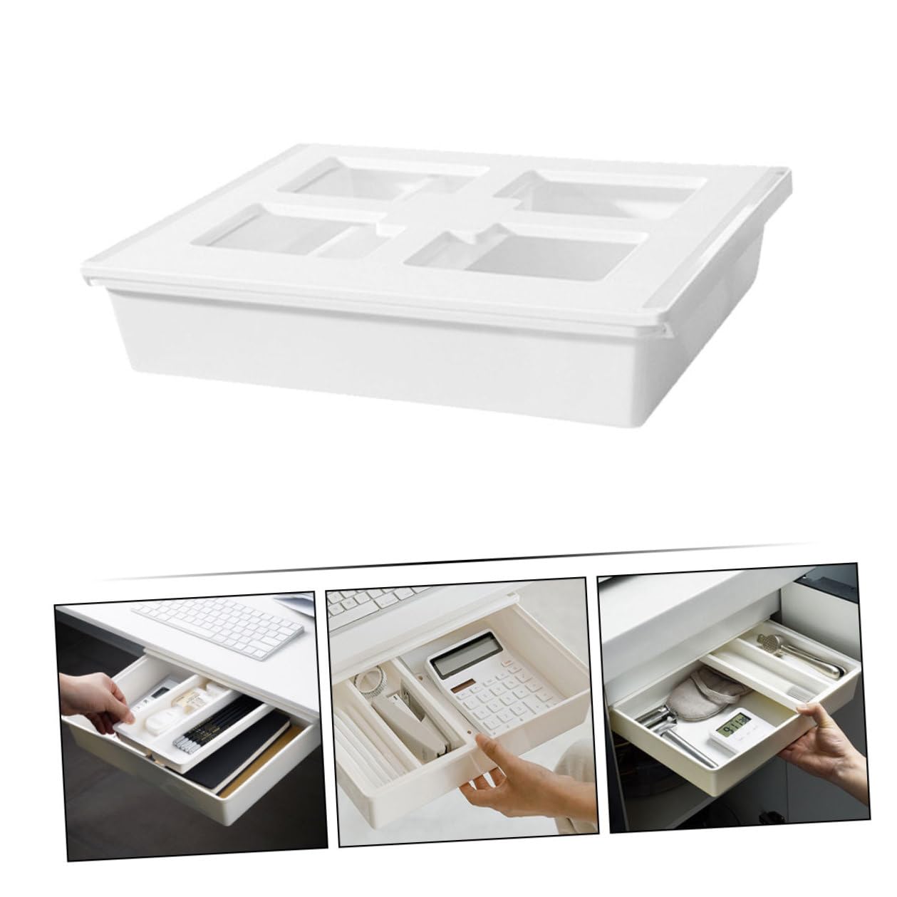 WOONEKY Boîte de Rangement Organisateur Caché Blanche en ABS Grosse Capacité pour Tiroir sous Bureau pour Bureau et Espace de Travail