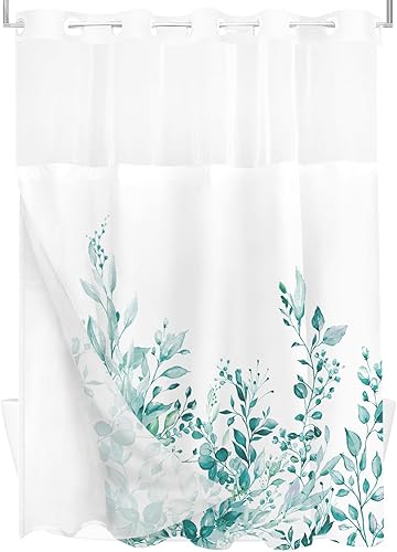 Vista 410 de Tititex - Juego de cortinas de ducha de eucalipto verde oliva, hojas de acuarela en la parte superior con decoración floral de baño, 60 x 72 Hojas