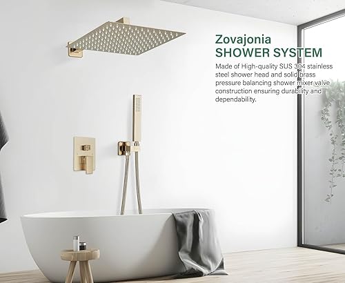 Miniatura 9 de Juego de grifo de ducha con sistema de ducha de lluvia de 10 pulgadas y rociador de mano, accesorios de ducha de baño dorado cepillado con válvula