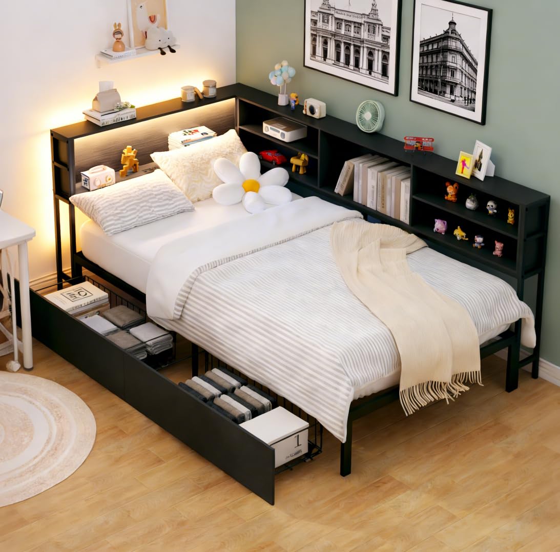 Bellemave Twin Corner Bed Frame with Storage, Twin Size Captains Bed with Charging Station and LED Light, Wood Daybeds with L-Shaped Bookcase and 2