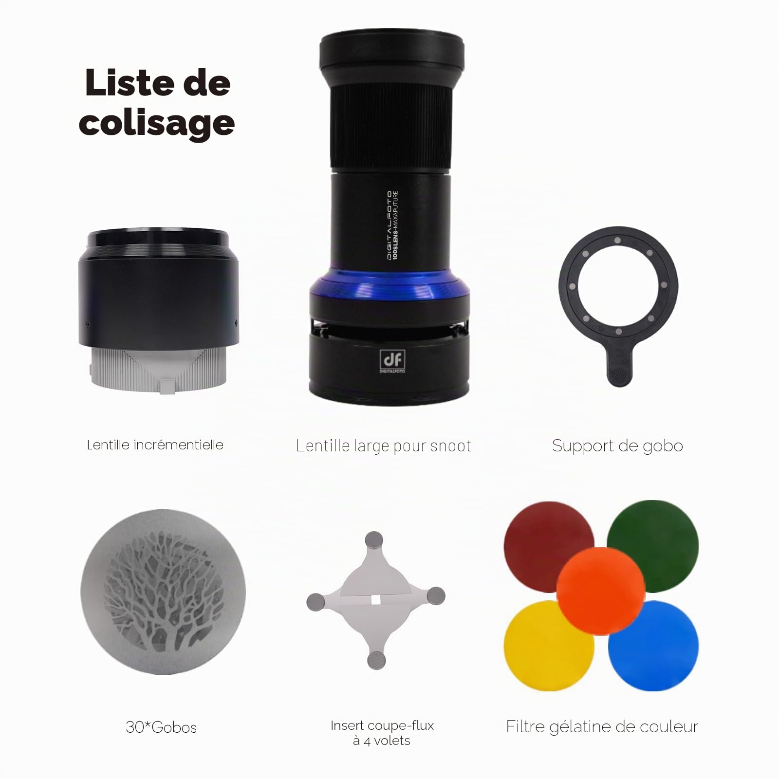 Projecteur de gobos Bowens Mount Snoot avec Volets à 4 Lames, 30 gobos et 5 filtres de Couleur, Compatible avec Aputure Amaran 60D/100D/150C/300C/Storm 400X, Godox SL60, etc. (Max Extend)