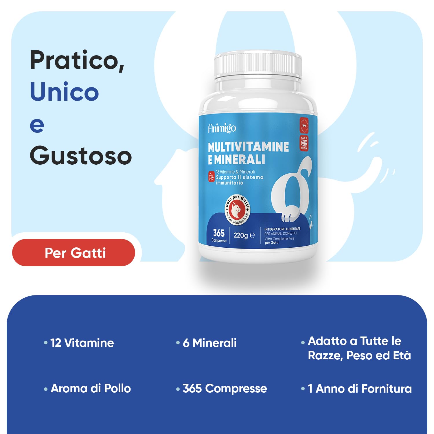 Vitamine Gatto con Minerali in 365 Compresse, 220mg per Dose Giornaliera, Vitamine Sistema Immunitario A, B, C, D3, E per Raffreddore Gatto con Calcio, Ferro, Zinco, Rame, per Tutte le Razze e Età