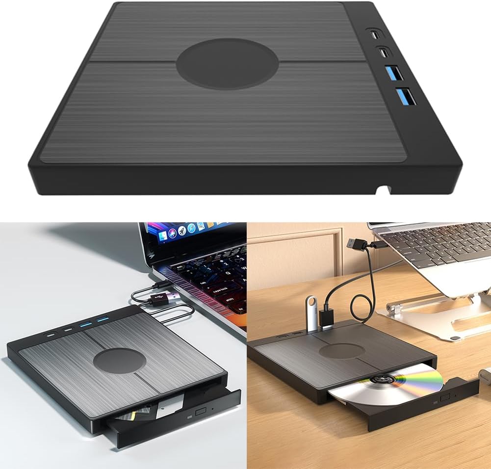 7 in 1 External CD/DVD Drive CD/DVD Disk Drive Player Burner Reader Writer with 2 USB/Type-C Ports USB 3.0 for Laptop Desktop PC