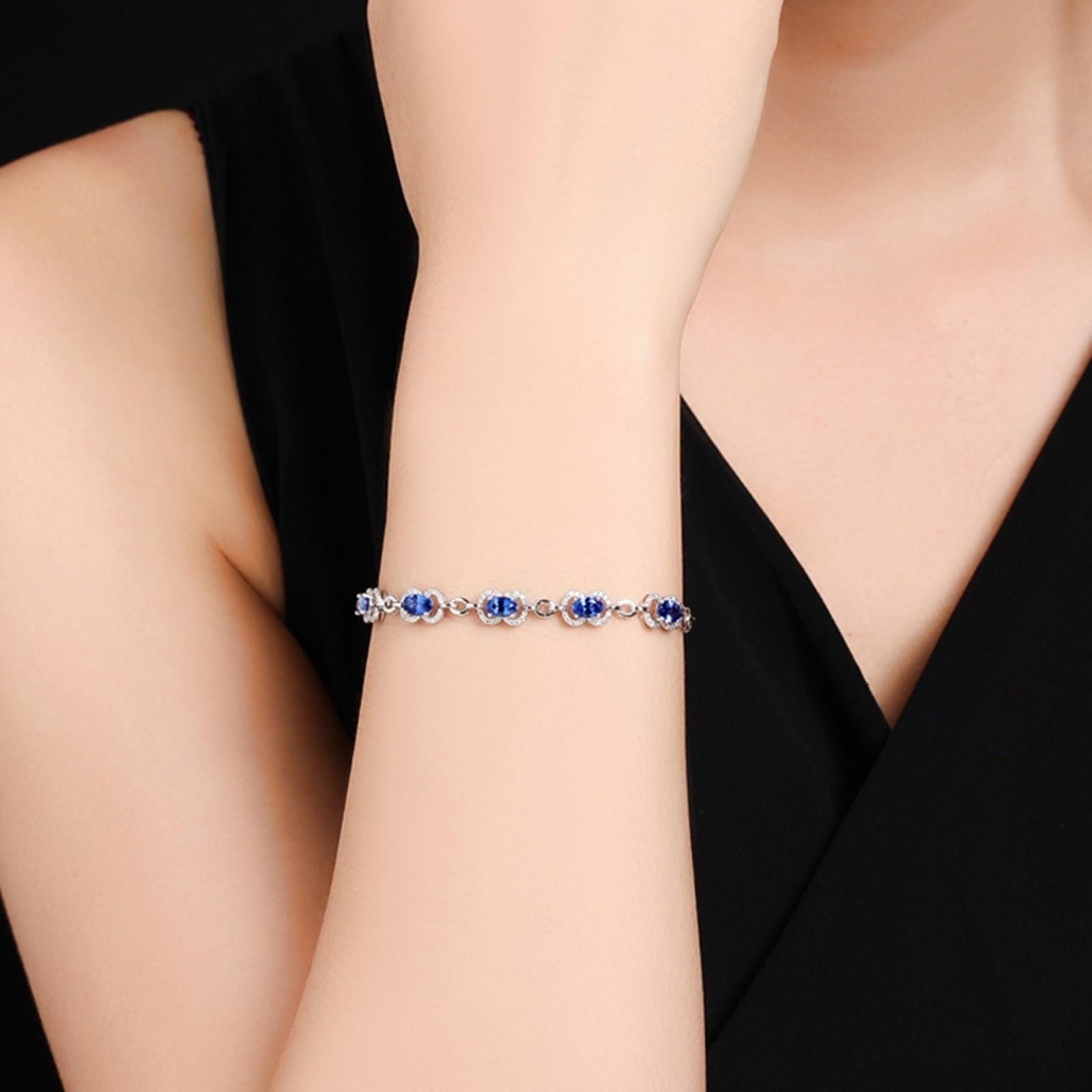 Bracciale in Oro Bianco 750/585/375 Vero, Bracciale con Zaffiro Sintetico 3.5ct 16-18 cm Estensione 4 cm con Moissanite, Braccialetto Donna Fidanzati
