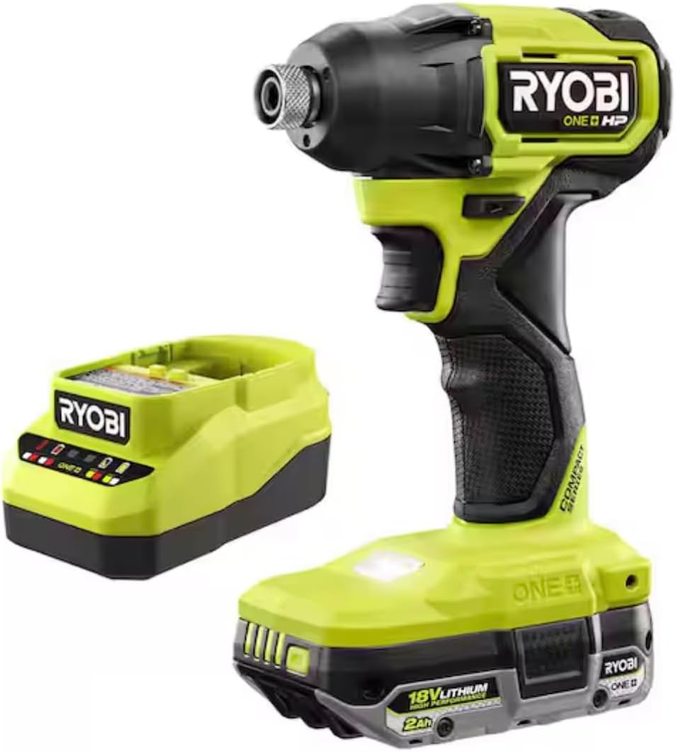 Kit DE atornillador de impacto compacto inalámbrico RYOBI ONE + HP 18V con batería y cargador de ALTO RENDIMIENTO de 18V 2.0 Ah