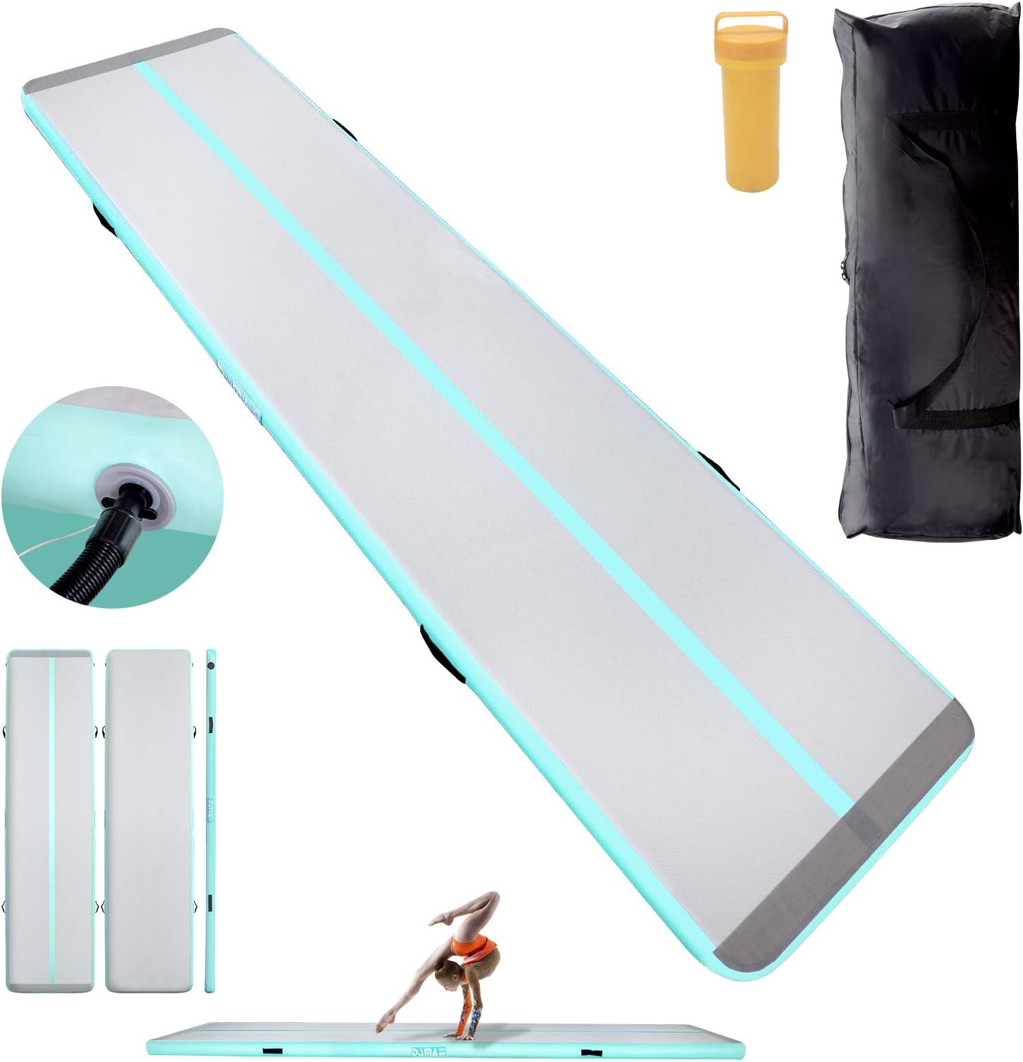 DAMA Inflatable Gymnastics Training Mats Tumbling Mat Home Use Gym mats direct Gymnastics Mat Folding Tumbling Exercise Mat Cheerleading, Yoga Mat with Electric Pump 9.84X3.28X0.33ft mint green