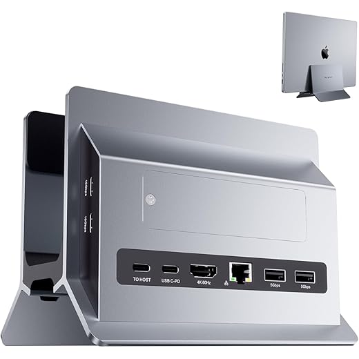 PULWTOP Vertical MacBook Docking Station, Docking Station for Mac mini with M.2 NVMe case for MacBook Pro/Air, 4K@60Hz HDMI, 2USB C 10Gbps, SD/TF, 100W PD, RJ45, 2 USB A (Grey)