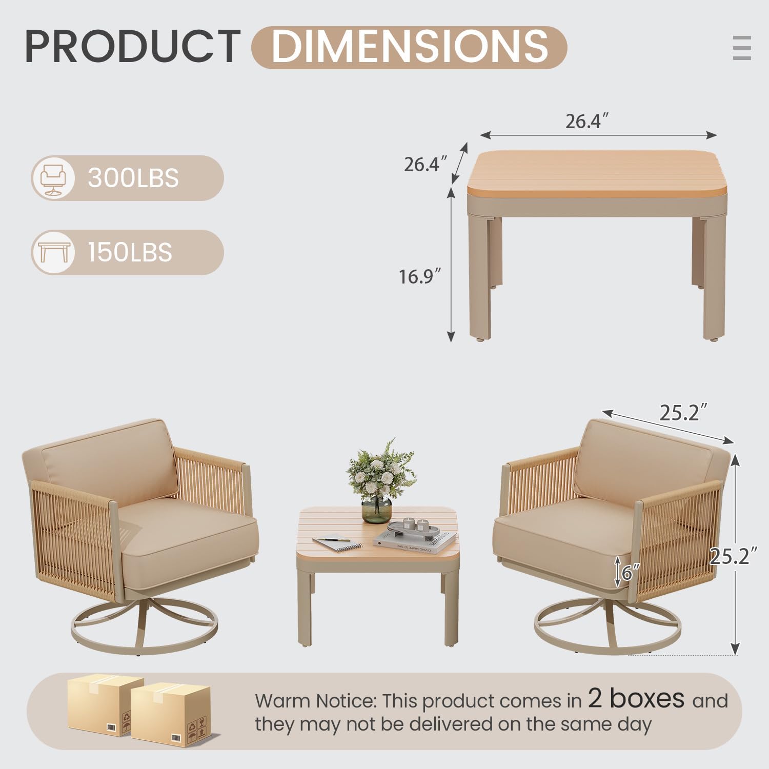 EROMMY 3 Pieces Patio Furniture Set, Outdoor Swivel Glider Rocking Chairs with 6" Thick Cushions & Metal Table, Aluminum Frame Patio Conversation Sets for Backyard, Poolside & Balcony, Beige