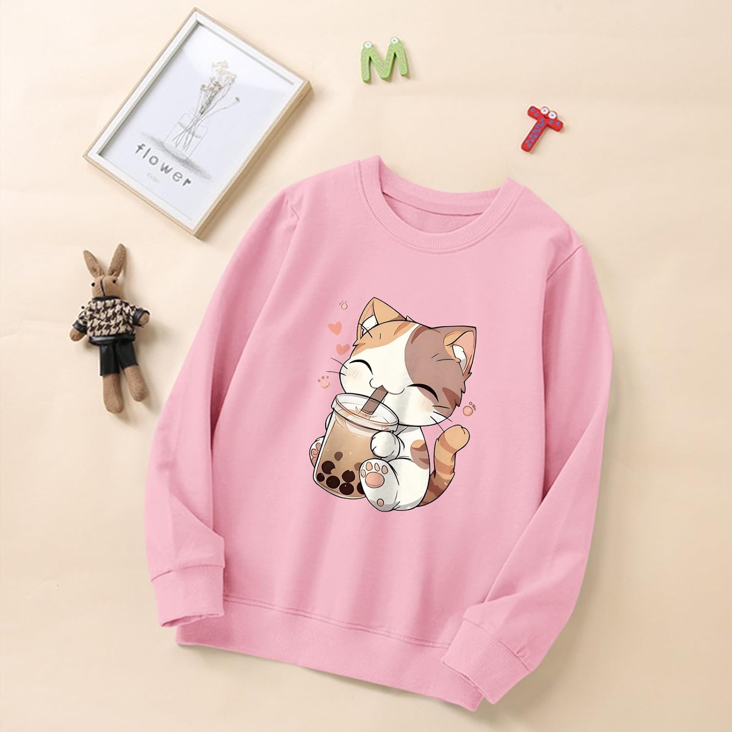 KEEVICI Cute Cat Sweatshirt For Girls Kawaii Graphic Hoodie Kids Cartoon Animal Print Pullover Cotton Long Sleeve Shirts Tops - Image 6