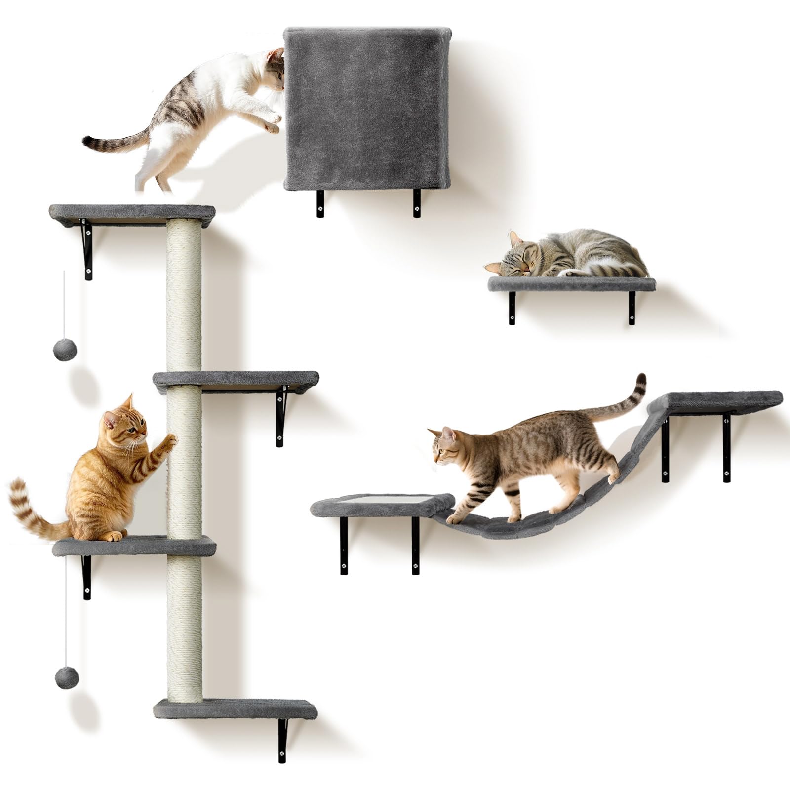 Thihome Kletterwand Katzen, Katzen Kletterwand Set, Katze Wandelemente, 10-Teiliges Stabiler Katzenmöbel mit Hängebrücke, Katzenhängematte, Kratzsäulen und katzenhöhle für Schlafen Spielen Lounging