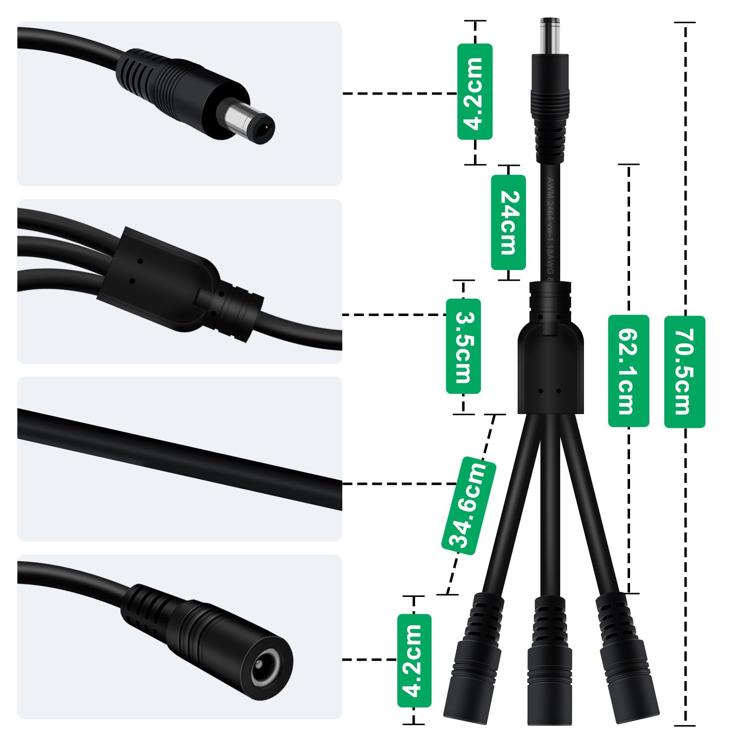 Rozgałęźnik Zasilania DC Typu Y Kabel, 5,5 x 2,1mm,1 Wtyk Męski do 3 Wtyków żeńskich,Przeznaczony do Urządzeń Monitorujących,Routerów,Laptopów itp. (1 Męskie na 3 żeńskie, 70 CM)