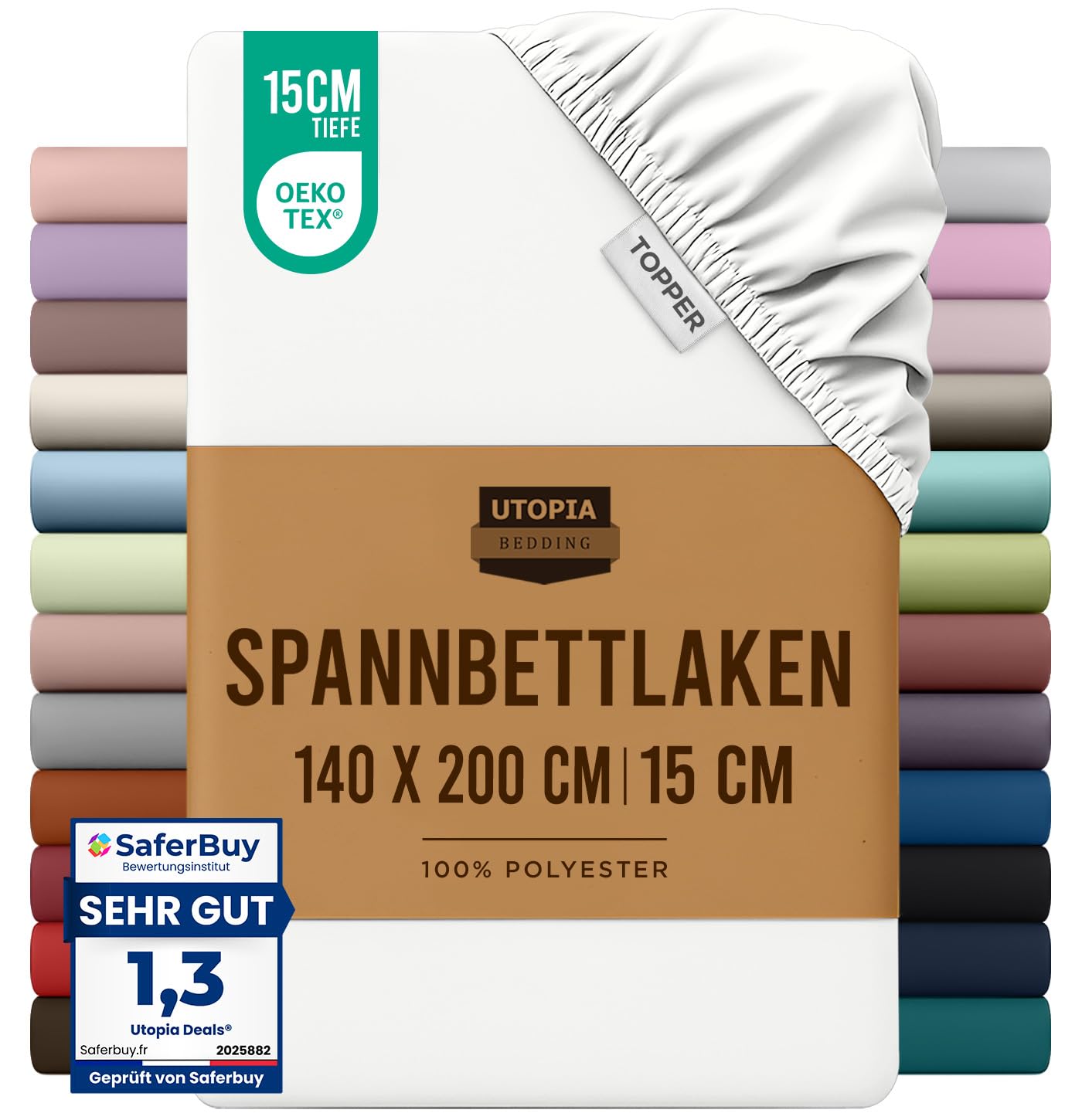 Utopia Bedding - Topper Spannbettlaken 140x200cm - Weiß - Oeko-Tex Zertifiziertes Gebürstete Polyester-Mikrofaser Spannbetttuch - 15 cm Tiefe Tasche