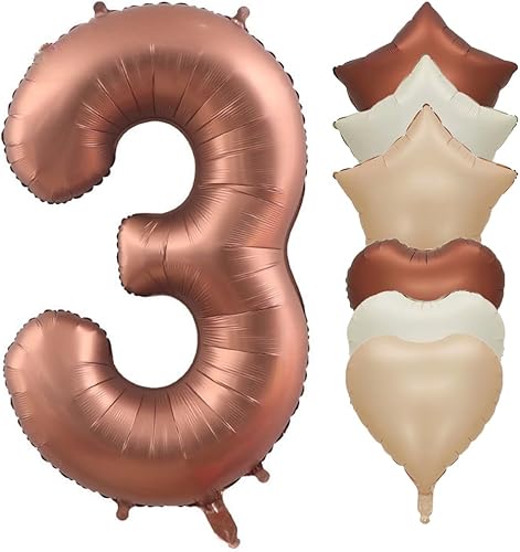 Globos grandes de cumpleaños de 40 pulgadas, color marrón café, número 3, globos de aluminio de Mylar con números de número 3 con globos de estrella