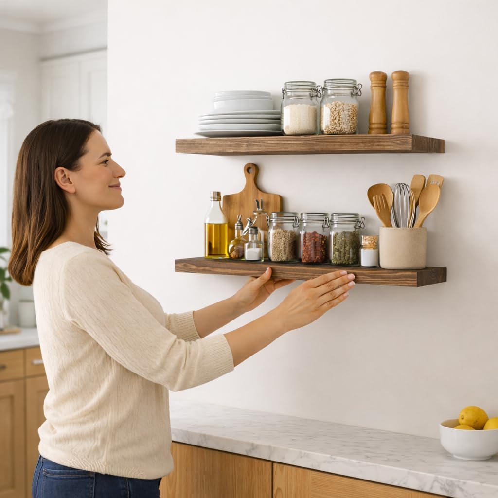 BGMG Wood Floating Shelves for Wall 24 inch Set of 2, Rustic Wooden Wall Mount Shelves for Bathroom Living Room Bedroom Kitchen Farmhouse -24x 6.7 x1.25 inch-Dark Walnut