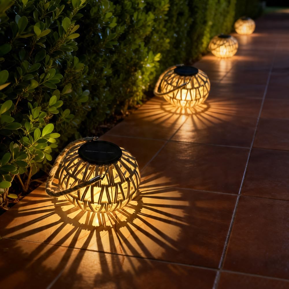 2 lampade solari in rattan, rattan, in rattan, per esterni, da appendere, a energia solare, per esterni, boho, a maglia solare, con IP65, resistente alle intemperie, per giardino, terrazza