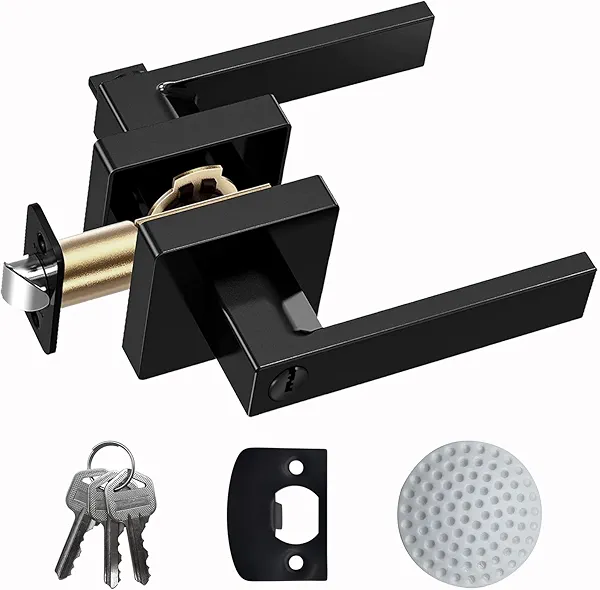 DSJJBLL Matte Black Door Handle Heavy Duty, Keyed Alike Entry Door Lever, Door Knobs with Lock and Key, Square Door Lever for Bedroom, Bathroom and Front Door