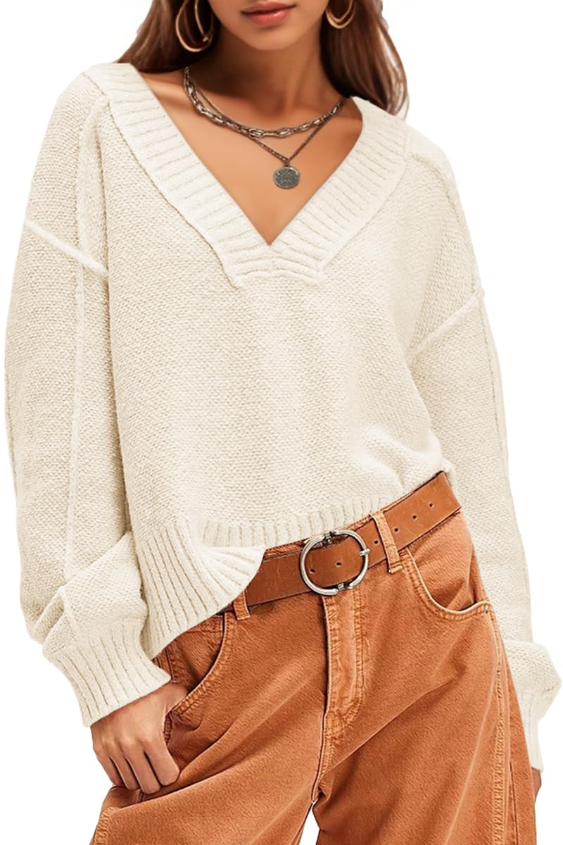 UNCLECAT Womens V Neck Sweaters 2025 Long Sleeve Fall Sweaters Casual Knit Trendy Pullover Tops