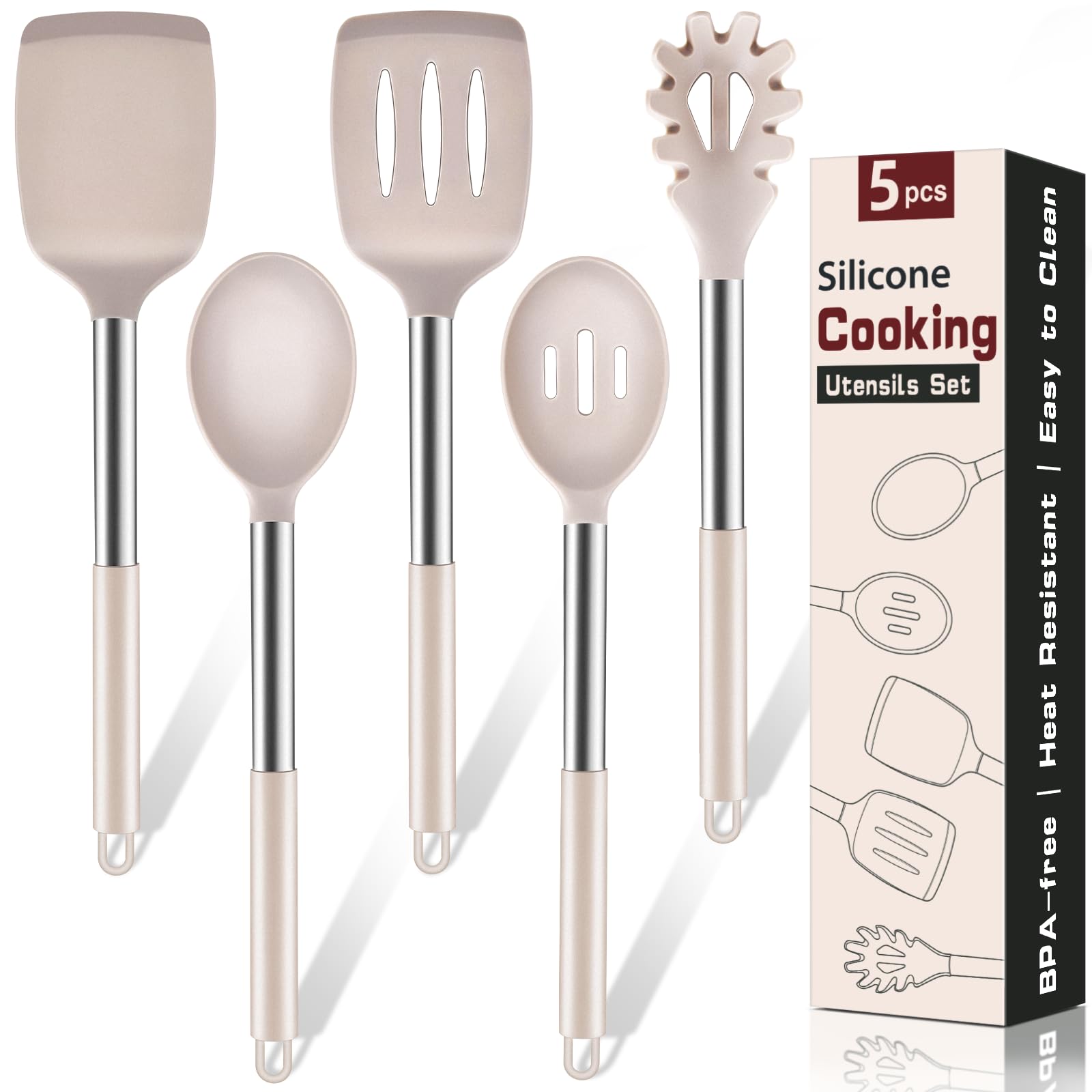 5Pcs Silicone Cooking Utensils Set, Heat Resistant Kitchen Tools Include Solid&amp;Slotted Spatula, Cooking Spoon and Pasta Server, Silicone Kitchen Utensils set for Nonstick Cookware Flipping, Khaki